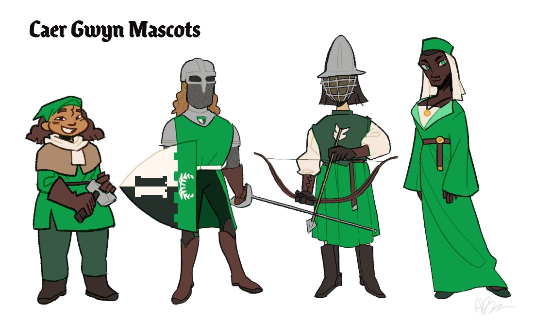 Four characters made to repesent the four major activities of Caer Gwyn, a branch of the Society for Creative Anacronism. From left to right: Science anc Arts, weekly fencing practice, bi-monthly archery practice, and special events - which includes renissance faires and SCA buissness meetings.